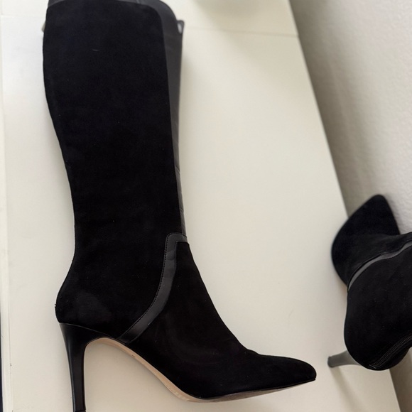 Adrienne Sleek Black Suede Knee High Boots with Leather Trim 3” heels - Picture 4 of 6